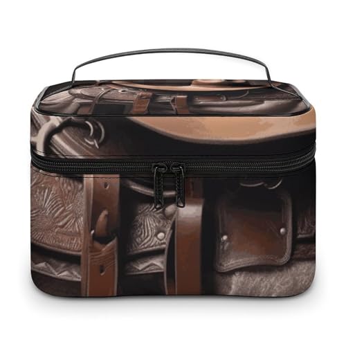 GFLFMXZW Make-up-Tasche, Reise-Kosmetiktasche für Damen, Pferdesattel mit Cowboyhut, Make-up-Tasche für Geldbörse, großer Make-up-Organizer, Empfangstasche, Pferdesattel mit Cowboyhut, 25 x 18 x 15 von GFLFMXZW