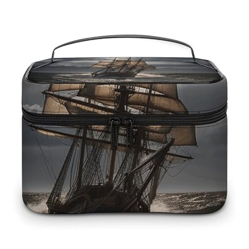 GFLFMXZW Make-up-Tasche, Reise-Kosmetiktasche für Damen, Segelschiff im Sturm, Make-up-Tasche für Geldbörse, großer Make-up-Organizer, Empfangstasche, Segelschiff im Sturm, 25 x 18 x 15 cm, von GFLFMXZW