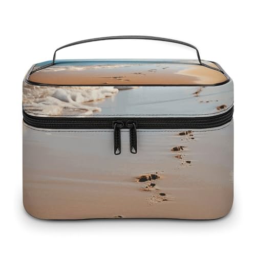 GFLFMXZW Make-up-Tasche, Reise-Kosmetiktasche für Damen, Strand-Fußabdrücke, Make-up-Tasche für Geldbörse, großer Make-up-Organizer, Empfangstasche, Strand-Fußabdrücke, 25 x 18 x 15 cm, von GFLFMXZW