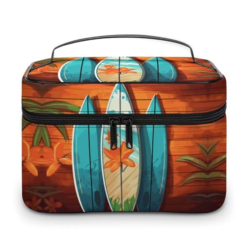 GFLFMXZW Make-up-Tasche, Reise-Kosmetiktasche für Damen, Surfbrett auf Holz, Make-up-Tasche für Geldbörse, großer Make-up-Organizer, Empfangstasche, Surfbrett auf Holz, 25 x 18 x 15 cm, von GFLFMXZW
