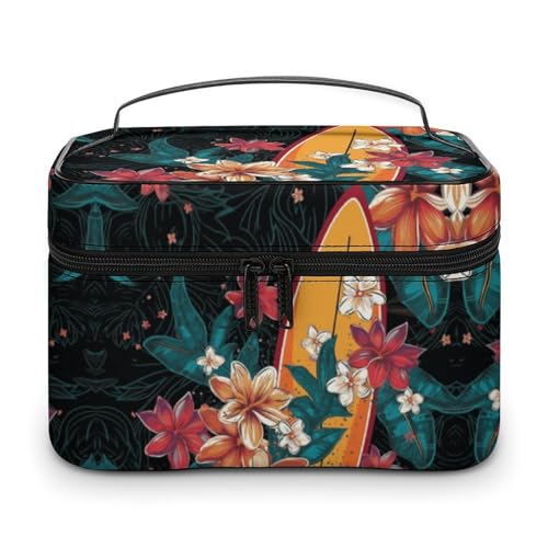 GFLFMXZW Make-up-Tasche, Reise-Kosmetiktasche für Damen, Surfbrett und Blumen, Make-up-Tasche für Geldbörse, großer Make-up-Organizer, Empfangstasche, Surfbrett und Blumen, 25 x 18 x 15 cm, von GFLFMXZW