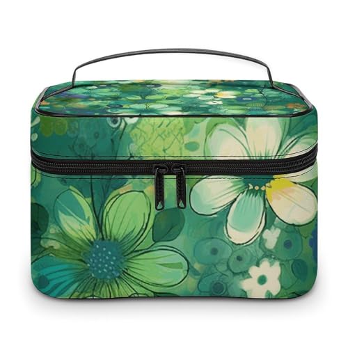 GFLFMXZW Make-up-Tasche, Reise-Kosmetiktasche für Damen, abstraktes saisonales grünes Blumenmuster, Make-up-Tasche für Geldbörse, großer Make-up-Organizer, Empfangstasche, abstraktes saisonales grünes von GFLFMXZW