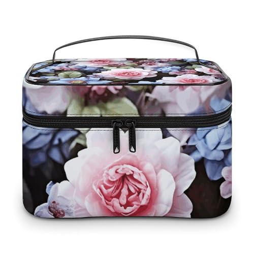 GFLFMXZW Make-up-Tasche, Reise-Kosmetiktasche für Damen, blaue Blumen, Make-up-Tasche für Geldbörse, großer Make-up-Organizer, Empfangstasche, blaue Blumen, 25 x 18 x 15 cm, Kosmetiktasche, blaue von GFLFMXZW