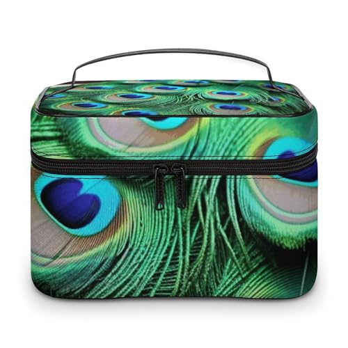 GFLFMXZW Make-up-Tasche, Reise-Kosmetiktasche für Damen, grüne Pfauenfedern, Make-up-Tasche für Geldbörse, großer Make-up-Organizer, Empfangstasche, grüne Pfauenfedern, 25 x 18 x 15 cm, von GFLFMXZW