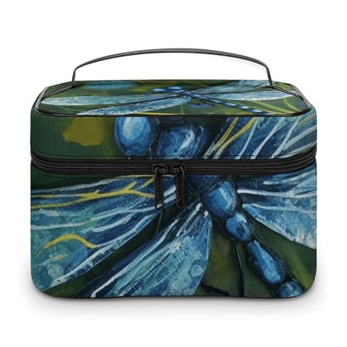 GFLFMXZW Make-up-Tasche, Reise-Kosmetiktasche für Damen, handbemalt, blaue Libellen, Make-up-Tasche für Geldbörse, großer Make-up-Organizer, Empfangstasche, handbemalte blaue Libelle, 25 x 18 x 15 cm, von GFLFMXZW