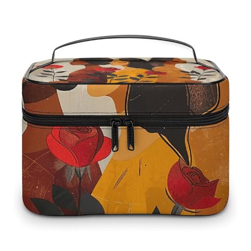 GFLFMXZW Make-up-Tasche, Reise-Kosmetiktasche für Damen, mit Rose, Make-up-Tasche für Geldbörse, großer Make-up-Organizer, Empfangstasche, Frau mit Rose, 25 x 18 x 15 cm, Kosmetiktasche, Frau mit von GFLFMXZW