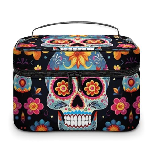 GFLFMXZW Make-up-Tasche, Reise-Kosmetiktasche für Damen, mit Totenköpfen, Make-up-Tasche für Geldbörse, groß, Make-up-Tasche, Empfangstasche, Totenköpfe, 25 x 18 x 15 cm, Kosmetiktasche, Sugar Skulls, von GFLFMXZW