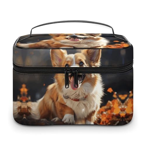 GFLFMXZW Make-up-Tasche, Reise-Kosmetiktasche für Damen, niedlicher Corgi-Hund, Make-up-Tasche für Geldbörse, großer Make-up-Organizer, Tasche, niedlicher Corgi-Hund, 25 x 18 x 15 cm, Kosmetiktasche, von GFLFMXZW