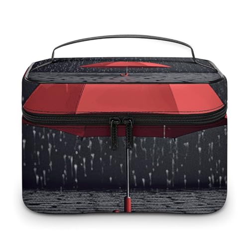 GFLFMXZW Make-up-Tasche, Reise-Kosmetiktasche für Damen, roter Regenschirm im Regen, Make-up-Tasche für Geldbörse, großer Make-up-Organizer, Empfangstasche, roter Regenschirm im Regen, 25 x 18 x 15 von GFLFMXZW