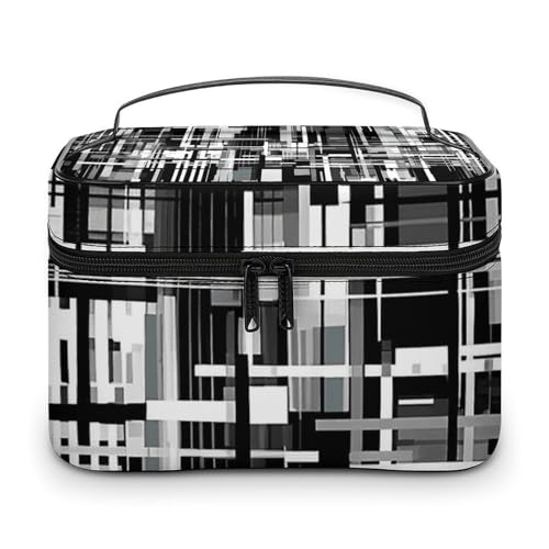 GFLFMXZW Make-up-Tasche, Reise-Kosmetiktasche für Damen, schwarze und weiße Linien, Make-up-Tasche für Geldbörse, großer Make-up-Organizer, Empfangstasche, schwarze und weiße Linien, 25 x 18 x 15 cm, von GFLFMXZW