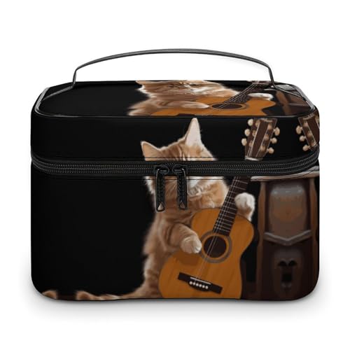GFLFMXZW Make-up-Tasche, Reise-Kosmetiktasche für Frauen, Katzen, die Gitarre spielen, Make-up-Tasche für Geldbörse, großer Make-up-Organizer, Empfangstasche, Katze, die Gitarre spielt, 25 x 18 x 15 von GFLFMXZW