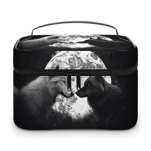GFLFMXZW Make-up-Tasche, Reise-Kosmetiktasche für Frauen, Wölfe unter dem Mond, Make-up-Tasche für Geldbörse, großer Make-up-Organizer, Empfangstasche, Wölfe unter dem Mond, 25 x 18 x 15 cm, von GFLFMXZW