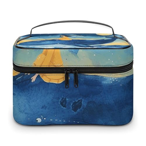 GFLFMXZW Make-up-Tasche, Reise-Kosmetiktasche für Frauen, die auf einem blauen Wal sitzen, Make-up-Tasche für Geldbörse, großer Make-up-Organizer, Empfangstasche, sitzend auf einem blauen Wal, 25 x 18 von GFLFMXZW