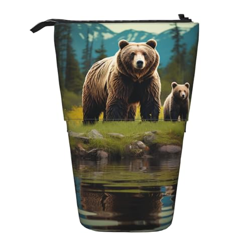 GFLFMXZW River Bear Mom Federmäppchen, Stehendes Federmäppchen, Teleskop-Federhalter, Pop-Up-Bleistifttasche, tragbare Make-up-Tasche mit Reißverschluss, Schwarz , Einheitsgröße von GFLFMXZW