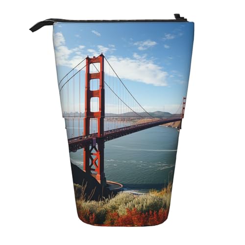 GFLFMXZW San Francisco Golden Gate Bridge Druck-Federmäppchen, Stehendes Federmäppchen, Teleskop-Federhalter, Pop-Up-Bleistifttasche, tragbare Make-up-Tasche mit Reißverschluss, Schwarz , von GFLFMXZW