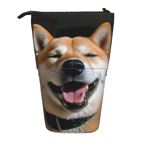 GFLFMXZW Shiba Inu Federmäppchen mit lächelnder Zunge heraus, Stehendes Federmäppchen, Teleskop-Bleistifthalter, Pop-Up-Bleistifttasche, tragbare Make-up-Tasche mit Reißverschluss, Schwarz , von GFLFMXZW