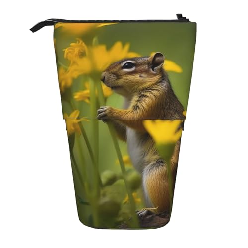 GFLFMXZW Wildlife Eichhörnchen Blumen Druck Federmäppchen Stehende Bleistifttasche Teleskop-Bleistifthalter Fall Pop-Up-Bleistifttasche Tragbare Make-up-Tasche mit Reißverschluss, Schwarz , von GFLFMXZW