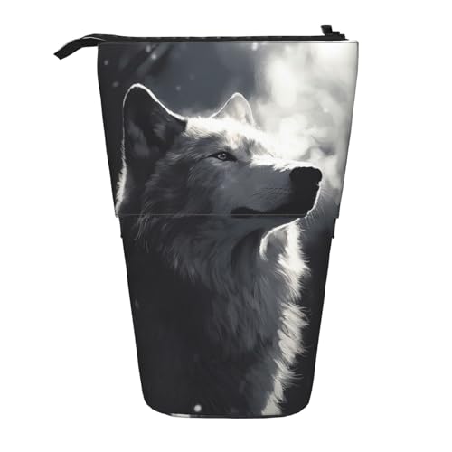 GFLFMXZW Winter Wolf Print Bleistift Fall Stehend Bleistift Tasche Teleskop Bleistift Halter Fall Pop Up Bleistift Pouch Tragbare Make-up Tasche Mit Reißverschluss, Schwarz , Einheitsgröße von GFLFMXZW