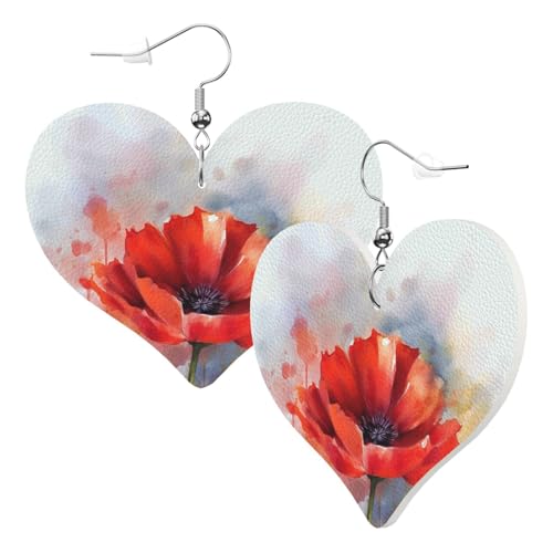 Leder-Ohrringe für Damen, baumelnde Ohrringe, Aquarell, rote Blume, doppelseitiger Ohrring, Schmuck, modische Sternform, Festival-Zubehör, Statement-Schmuck für Geburtstagsparty, Einheitsgröße, Leder, von GFLFMXZW