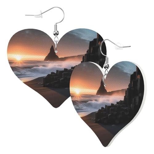 Leder-Ohrringe für Damen, baumelnde Ohrringe, Sonnenaufgang am Reynisfjara-Strand, doppelseitiger Ohrring, Schmuck, modische Sternform, Festival-Zubehör, Statement-Schmuck für Geburtstagsparty, von GFLFMXZW