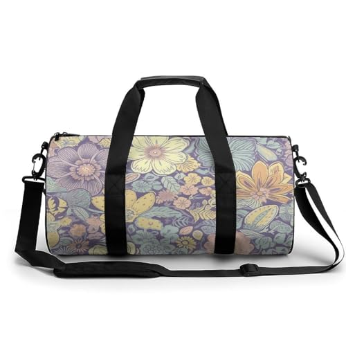 Reisetasche für Herren und Damen, Sporttasche, aufwendige Tribal-Muster, wasserdichte Reisetasche für Sport, Workout, Lila und gelbe Blumen, 17.7in/9in/9in Reisetasche für Herren und Damen, Sporttasche, aufwendige Tribal-Muster, wasserdichte Reisetasche für Sport, Workout, Lila und gelbe Blumen, 17.7in/9in/9in von GFLFMXZW