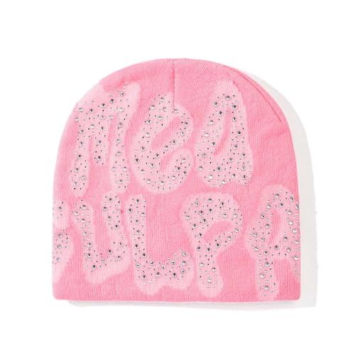 GFLPO MEA Culpa Y2k Beanie Damen Mütze Graphic Wintermütze Knit Skull Cap Warme Strickmütze Zubehör (Rosa Mit Strass), Einheitsgröße von GFLPO