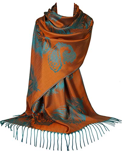 GFM® Damen Schal im Pashmina-Stil - Federn oder Blumenmuster (AH225-S1-nrgtl-orange) von GFM