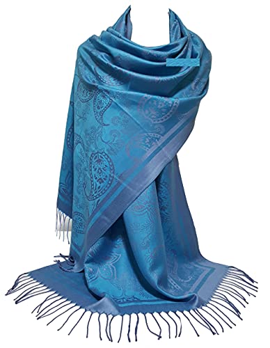 GFM® Damen Schal im Pashmina-Stil - Federn oder Blumenmuster - Türkis Blau- (S1-2054-TXNL) von GFM