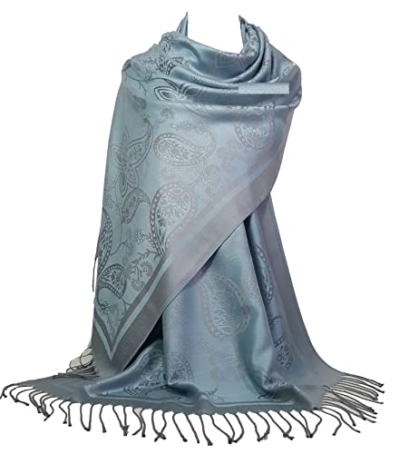 GFM® Damen Schal im Pashmina-Stil - Federn oder Blumenmuster - hellblau Grau- (S1-2054-hlnlbh) von GFM