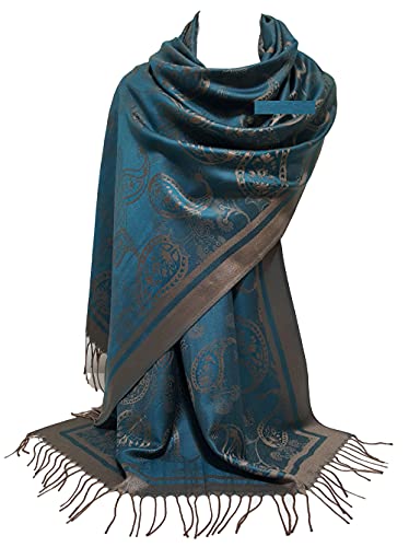 GFM® Damen Schal im Pashmina-Stil - Federn oder Blumenmuster. (S1-2054-TLKEK-Teal Blau) von GFM