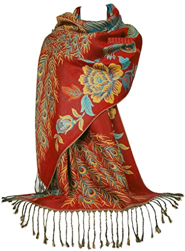 GFM® Dies ist ein wunderschöner Schal im Pashmina-Stil mit Pfauen- und Blumenmuster DK1909-ghll-Rot foncé von GFM