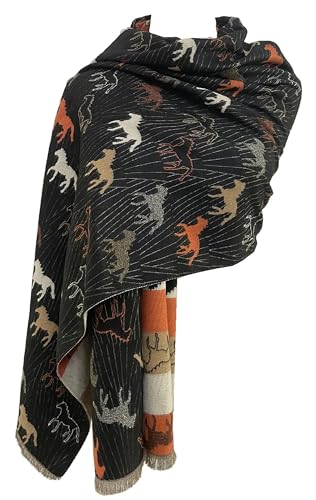 GFM® Pferde drucken Kaschmir Gefühl Pashmina Schal für Herbst Winter (HSSHL), Hsshl-a-02-schwarz, 42 von GFM