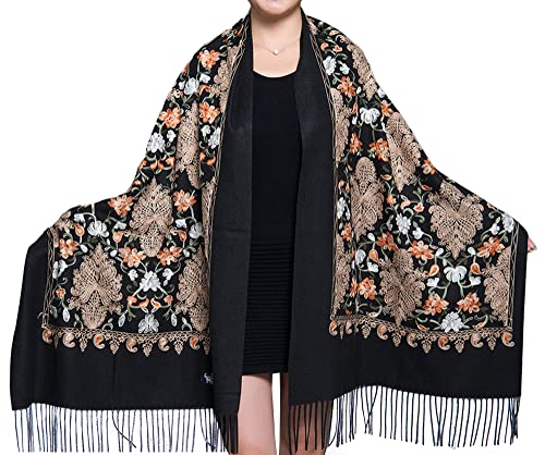 GFM® Pashmina-Schal, bestickt, Kaschmir-Textur, Wolle, Herbst/Winter -Schwarz-EMBSHL-3-KL von GFM
