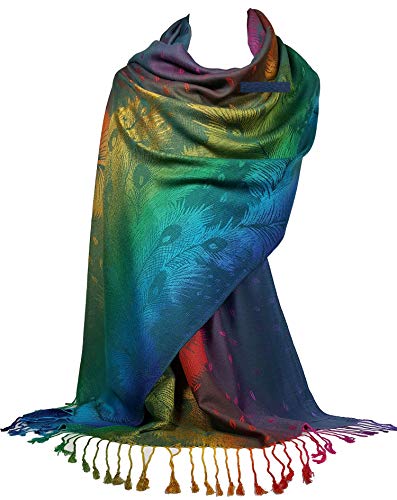 GFM®-Schal im Pashmina-Stil, Pao-Federmuster - Blaugrün Mehrfarbig - (NPCKPASH-P52) von GFM