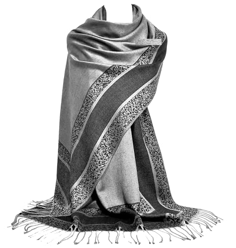 GFM® Schal im Pashmina-Stil mit Blumenmuster oder Paisleymuster (FRL2), S1-chkl-silvergrey schwarz, 42 von GFM