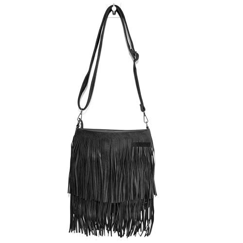 GFM® Schultertasche aus Kunstleder mit weichen Fransen und Quasten, Stil 1, kleine Größe, schwarz., One size von GFM