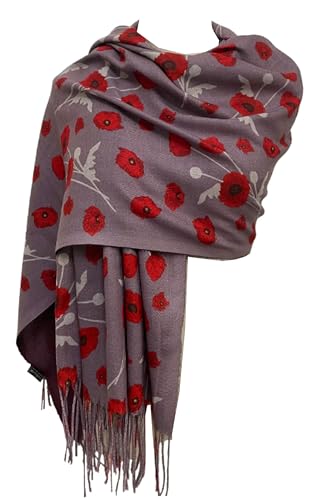 GFM® - Umhang im Pashmina-Stil mit Mohnblumen-Aufdruck - Gedenktag -(Popshl-Schal-Maroony Grau) (FS-POPSHL-7033-B-BH) von GFM