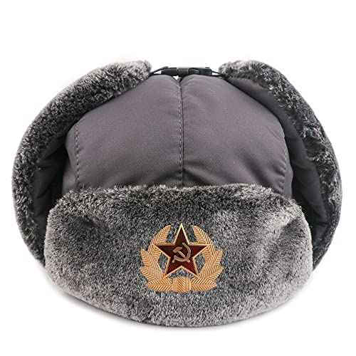 GFM® Ushanka Herren-Bombermütze aus Kunstfell, russischer Winter, Trapper (Ush-SOFTCTN), Abzeichen mit grauem Kranz, One size von GFM