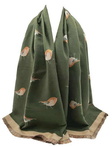 GFM® - Weihnachtsschal mit Rotkehlchen-Vogel-Aufdruck - Kaschmir-Textur - Rnshl-Schal-Olive Grün - (RNSHL-AT-902-GHJTN) von GFM