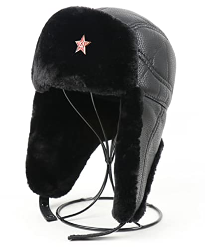 GFM Ushanka Herren Bombermütze aus Kunstleder, Anstecker mit schwarzem Stern, Einheitsgröße von GFM