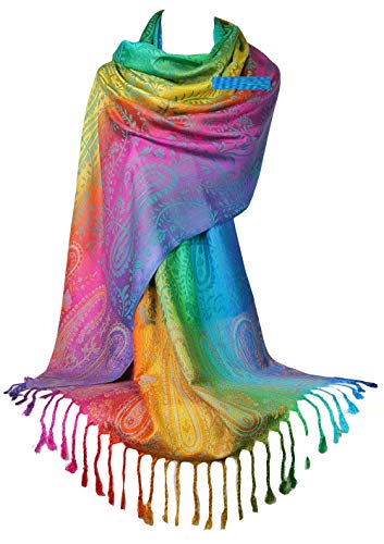 Gfm Seidiger Regenbogen-Schal im Pashmina-Stil, Paisley- oder Blumen-Muster Gr. 90, Pais-03-tx, Blau von GFM