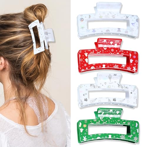 GFORI Weihnachten Haarspangen Große Haarklammer，4 Stück Rechteckige Haarklammern Dünnes Dickes Lockiges Haar für Damen Rutschfest Haarspange Weihnachts-Haarschmuck von GFORI