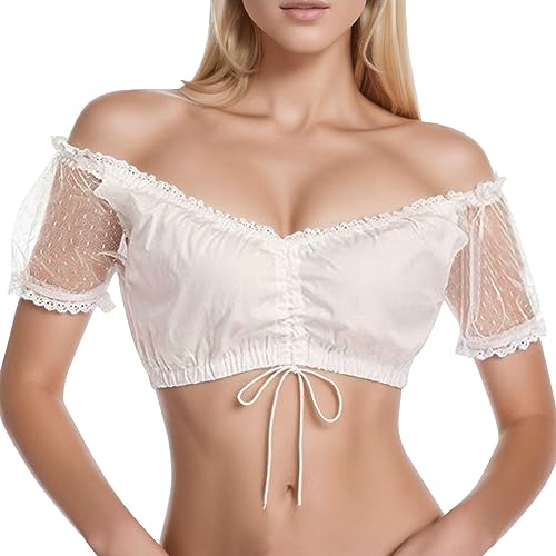 GFPGNDFHG Dirndl Oberteil langärmlige Dirndlbluse Dirndl Body Damen Weiss Spitze duerndelbluse Dirndl Stehkragen dirndlnluse Dirndl mit Spitze dirndlblusen gr. 46 Dirndlbluse Damen 52 von GFPGNDFHG