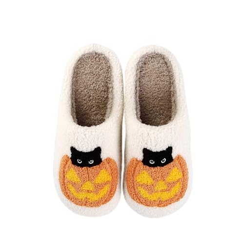 GFPGNDFHG Halloween Hausschuhe Damen Baumwolle Warme Drinnen Pantoffeln Plüsch Funny Print Herren Weicher Retro Trendiger Slipper und draußen Weiß 41 von GFPGNDFHG