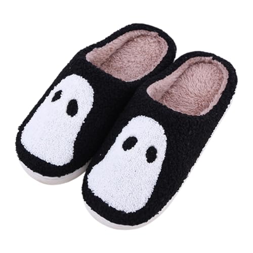 GFPGNDFHG Halloween Hausschuhe Damen Herren Winter Warm Rutschfeste Damenschuhe Neuheit Lustige Niedlich PlüSch Slippers Weiches Flauschiges Filzhausschuhe Memory Foam Flauschige schwarz 37 von GFPGNDFHG