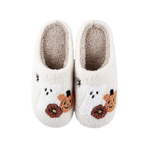 GFPGNDFHG Halloween Hausschuhe Damen Jack O Lantern Kürbis Open Toe Indoor Outdoor Fuzzy Weiß 41 von GFPGNDFHG
