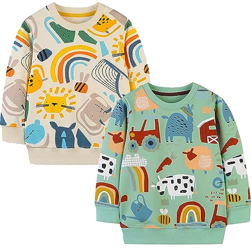 GFQLONG 2er-Pack Langarm-Pullover für Kleinkinder, Jungen, Rundhalsausschnitt, Baumwolle, warm, Dinosaurier-Cartoon-Sweatshirts, A-Gelb + Grün, 3-4 Jahre von GFQLONG