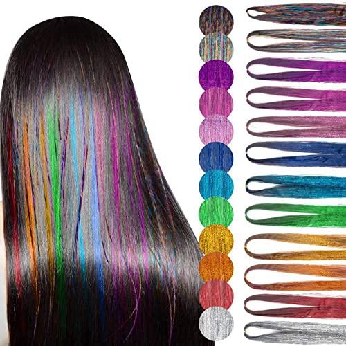 Haar-Lametta-Set, 12 Farben, Haarverlängerungen, 120 Cm, Mit Werkzeugen, 200 Stück Silikonringe, Farbige Seide, Für Frauen, Mädchen, Kinder, Festival, Geschenk, Party von GFRGFH