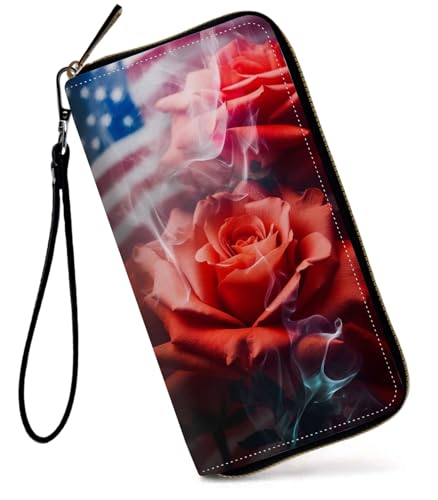GFRGTFHYT Damen-Geldbörse, großes Fassungsvermögen, RFID-blockierend, PU-Leder, Handgelenk-Geldbörsen für Damen, Amerikanische Flagge in Rosa, Women Wallet, Amerikanische Flagge in Rosa von GFRGTFHYT