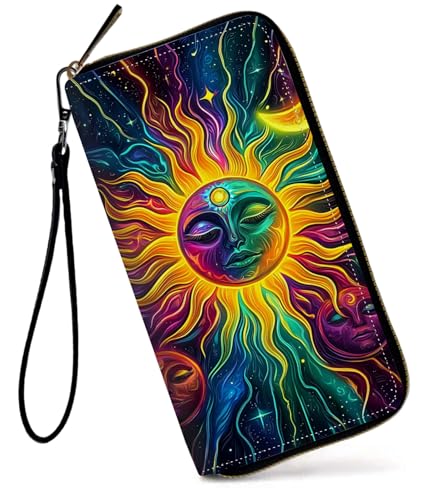 GFRGTFHYT Damen-Geldbörse, großes Fassungsvermögen, RFID-blockierend, PU-Leder, Handgelenk-Geldbörsen für Damen, Aquarell-Sonne, Women Wallet, Aquarell-Sonne von GFRGTFHYT